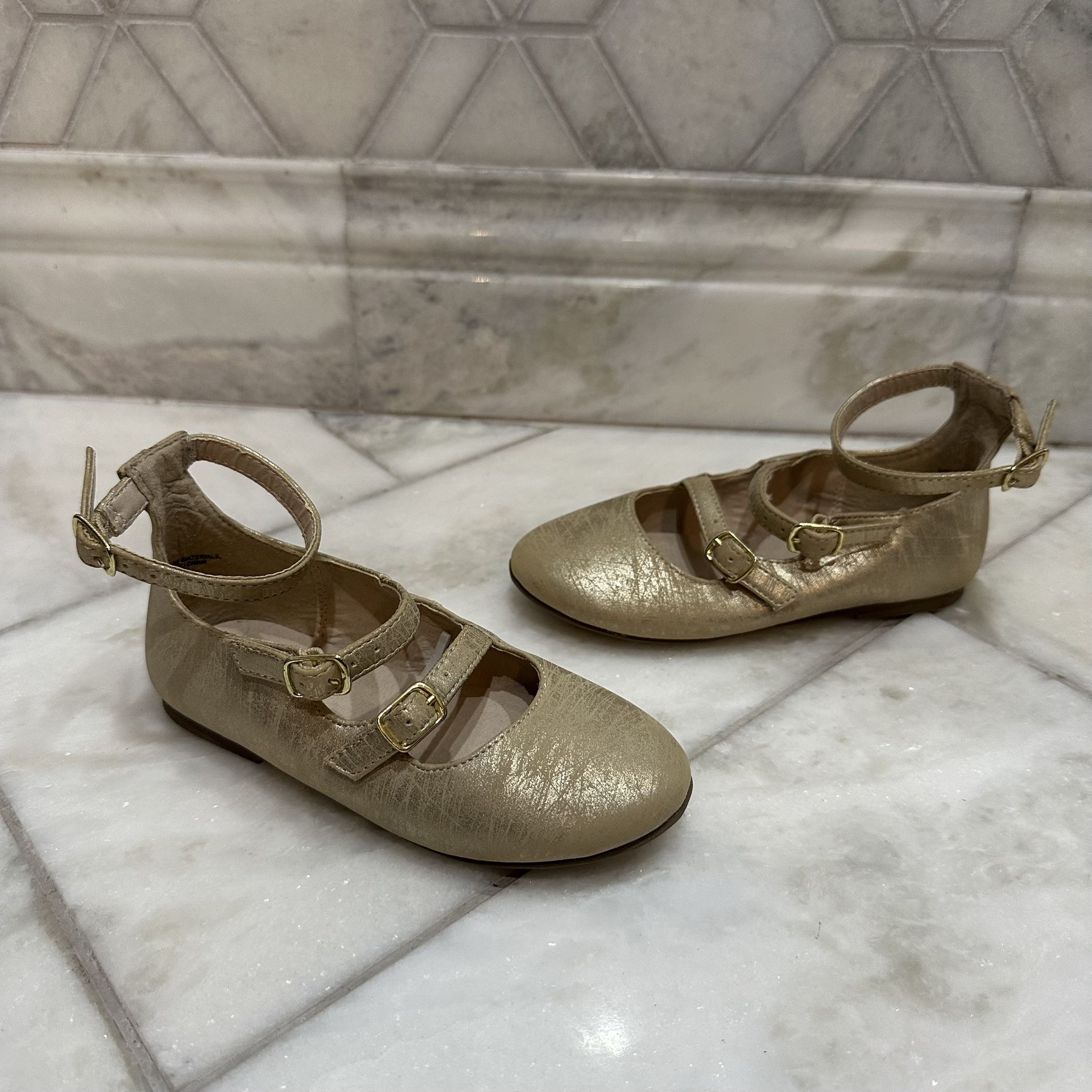 Size 10 Toddler Girls Gold Shimmer Ankle Strap Dress Shoes