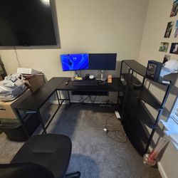 Black L-Shaped Desk with Bookcase Attachment & Chair – Perfect for Home Office!