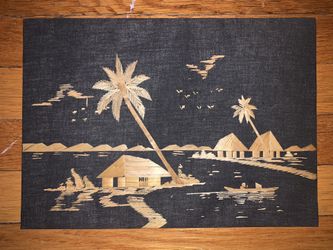 Vintage Italian 1970’s wood/fabric artwork, 13” x 9.5”