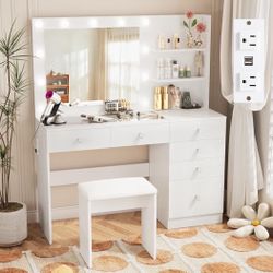 Vanity  - Makeup Vanity Desk with Outlet, 6 Drawers, 3 Storage Shelves and Mirror, 3 Color Lighting with Dimming Brightness, Makeup Desk wi