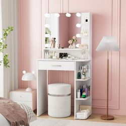 White Vanity Mirror with Lights with Large Drawer and 6 Level Storage, White Vanity with Large Led Mirror with 3 Color Lighting Modes