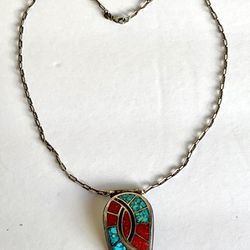 Chip Inlay Pendant On Paper Clip Chain