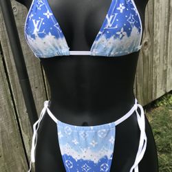 100% Spandex Blue Ocean Wave Custom String Bikini Bathing Suit Swimwear 