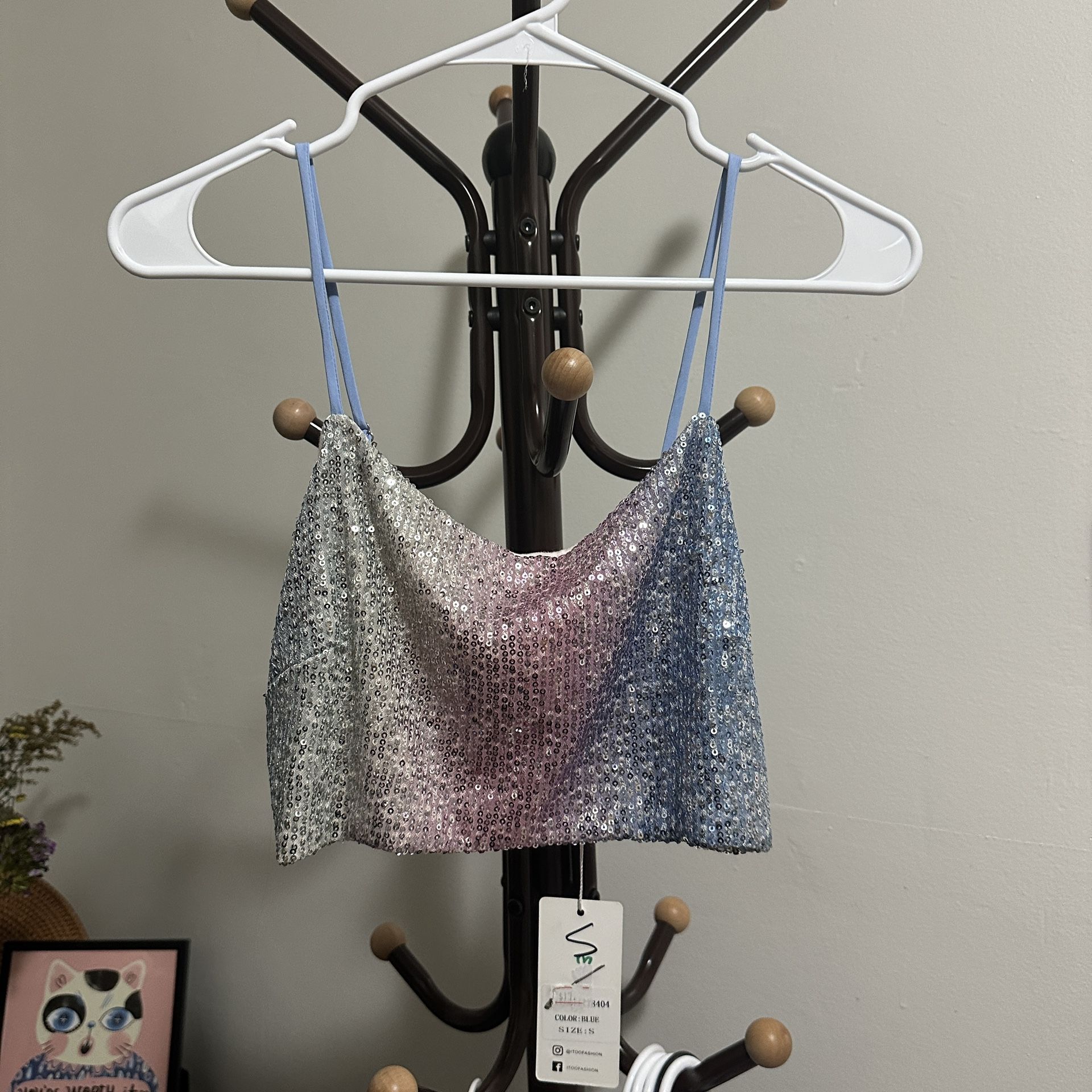 Itoo Women's Silver Pink Sequin Super Sparkly Halter Top Adjustable Sz S Dance