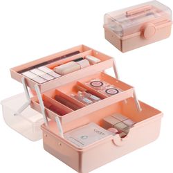 Pink Makeup Storage, Pink Tackle box for Women with Handle. Cosmetic Storage Box Organizer, Portable 3 Layers Makeup Case for Home