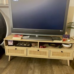 Rattan TV console/cabinet with drawers, Around 47” long.