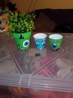Hand-Painted Monsters Inc Terra Cotta Pots Set of 3
