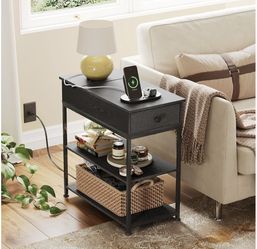 WLIVE Narrow Side Table with USB Ports & Outlets – End Table with Drawer & Shelves