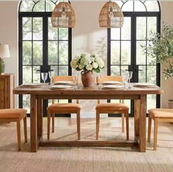 LD0245 Solid Wood Dining Table for 4-6 People, 63 Inch Dining Room Table with Safely Rounded Corners, Farmhouse Rectangle Kitchen Table with U-Shaped