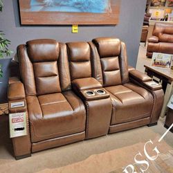 Heat And Massage System Power Reclining Brown Leather Sofa, Loveseat, Recliner Real Leather Color Options 
