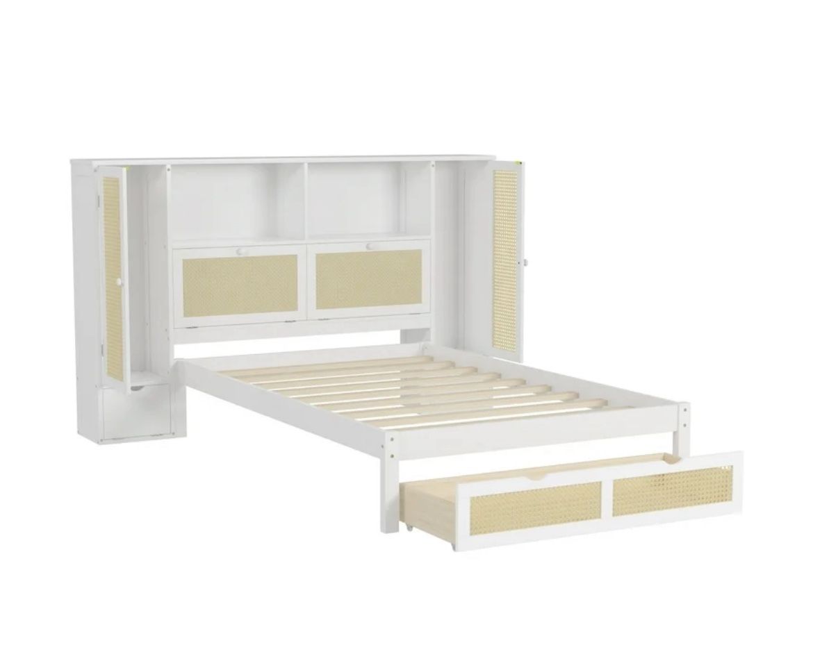 Twin Size Wooden Bed with Two Storage Lockers Drawer and Storage Shelf on Headboard Multifunctional Platform Bed with Natural Rattan White
