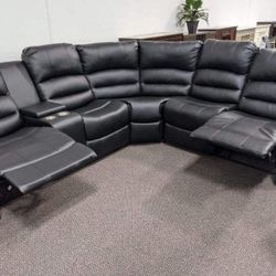 $0 Down!  New Reclining Sectional.  Black Leather.  111” X 99”.  Free Delivery!