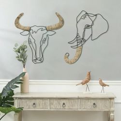 Rustic Farmhouse Elephant and Ox Head Wall Decor, Minimalist Abstract Line Wall Art, Boho Geometric Hanging Wall Sculpture for Bedroom, Living Room, C