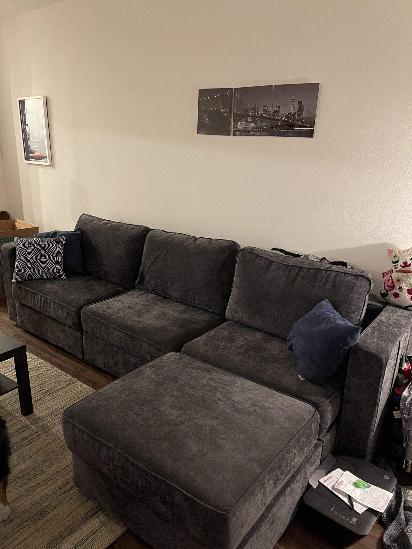 LoveSac Sactional Couch, 4 Seats, 5 Sides, Charcoal Grey Corded Velvet