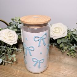 Blue Bow Glass Cup | Coquette Aesthetic Tumbler | Cute 16 oz Glass Can with Lid