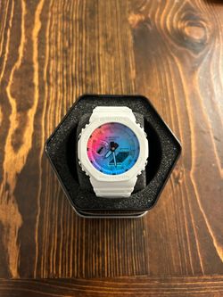 Casio G-Shock White Watch blue and orange glow in the dark gradient Dial