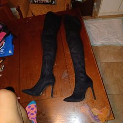 Black Thigh High Stiletto Velvet Boots Size 8