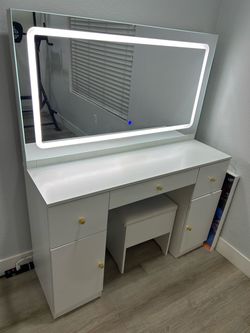 White Vanity Desk with LED Mirror and Stool