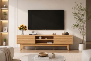New Wooden Fluted TV Stand for 55 65 70 inch TV, Long & Large TV Media Console Table with Storage Cabinets, Boho Farmhouse Entertainment Center for Li