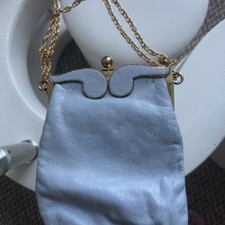 VTG sky blue Soft  leather purse by Triangle NYC Lined W/ Double Gold Tone Chain