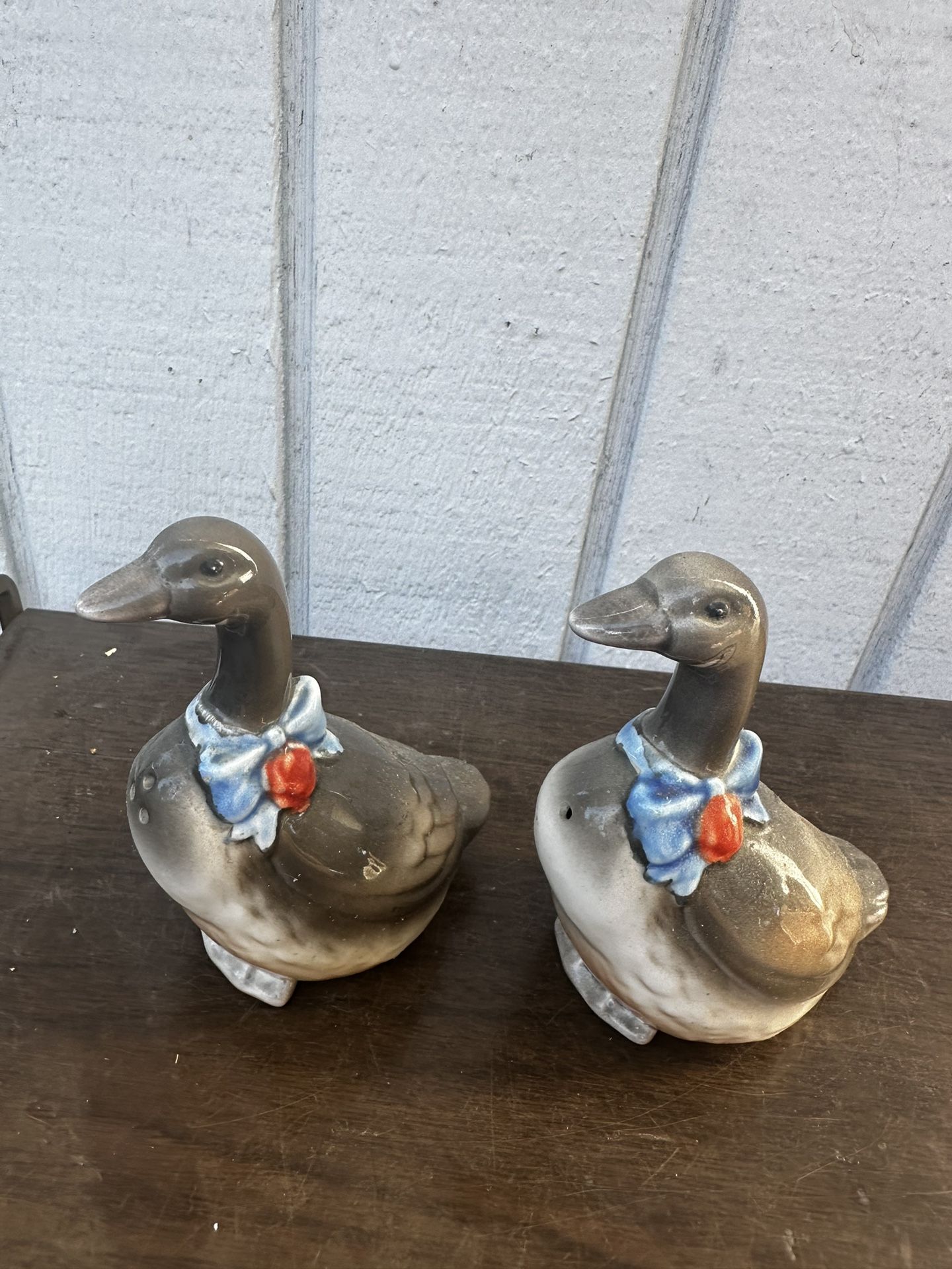 Vintage Grey Geese in Blue Bow Rose Salt and Pepper Shakers