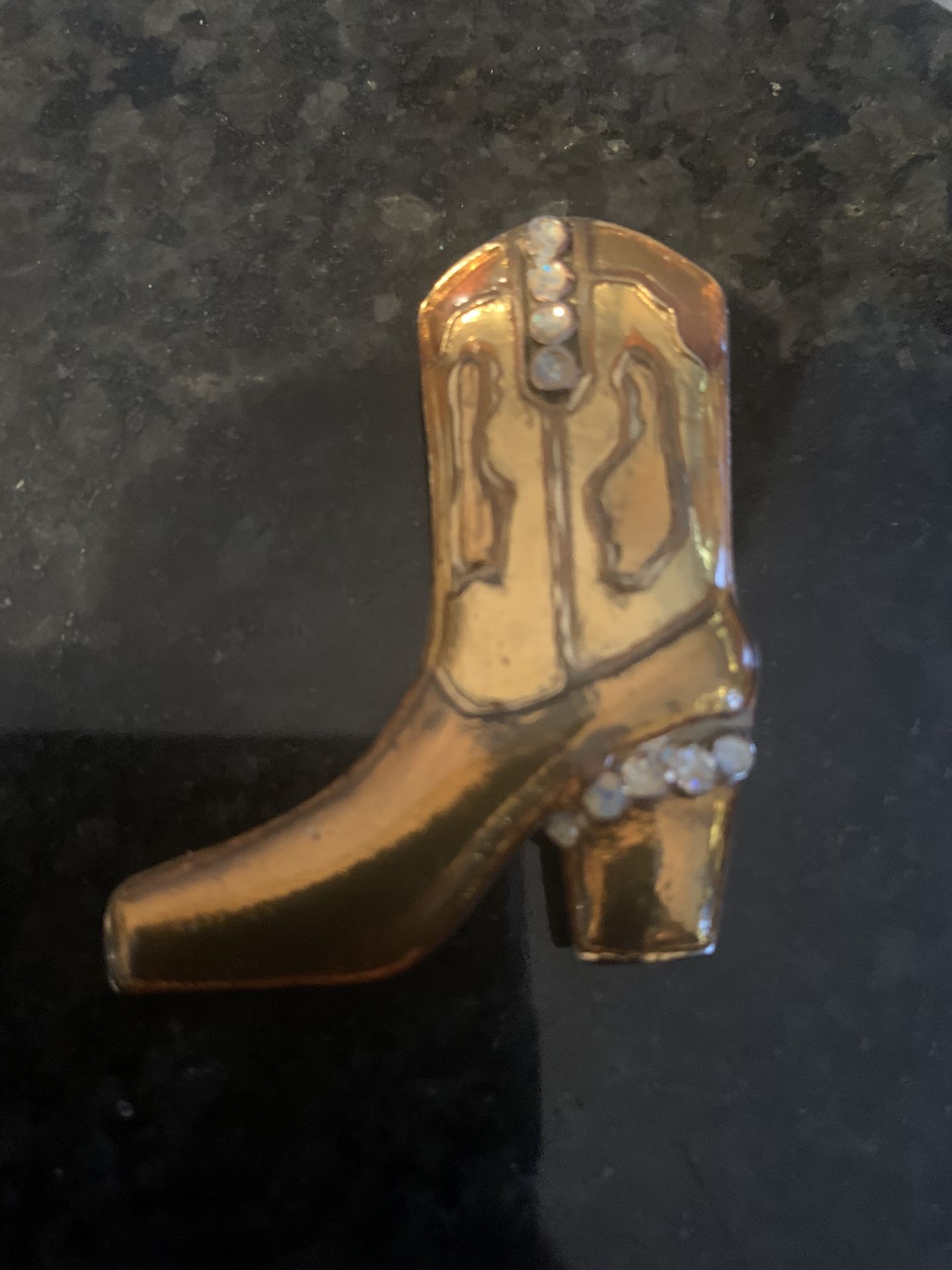 Vintage Cowboy Boot Pin Brooch Bronze Color W/ Rhinestones