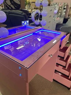 Pink Vanity Desk With 6 Storage Drawers and Hollywood Vanity Mirror With Bluetooth...