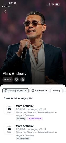 Marc Anthony 2 tickets 9/13 $200