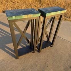 33.5”H x 16”L x 8”W Two matching epoxy top blue multicolor end side tables nightstands