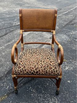Vintage Indonesian Rattan & Wood Safari Armchair with Leopard Print Cushion