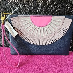 Fossil Midnight Navy & Pink Embellished Leather Women's Girl's Wristlet Purse