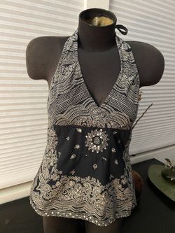 Women’s Dark Blue Indigo Print Halter Top