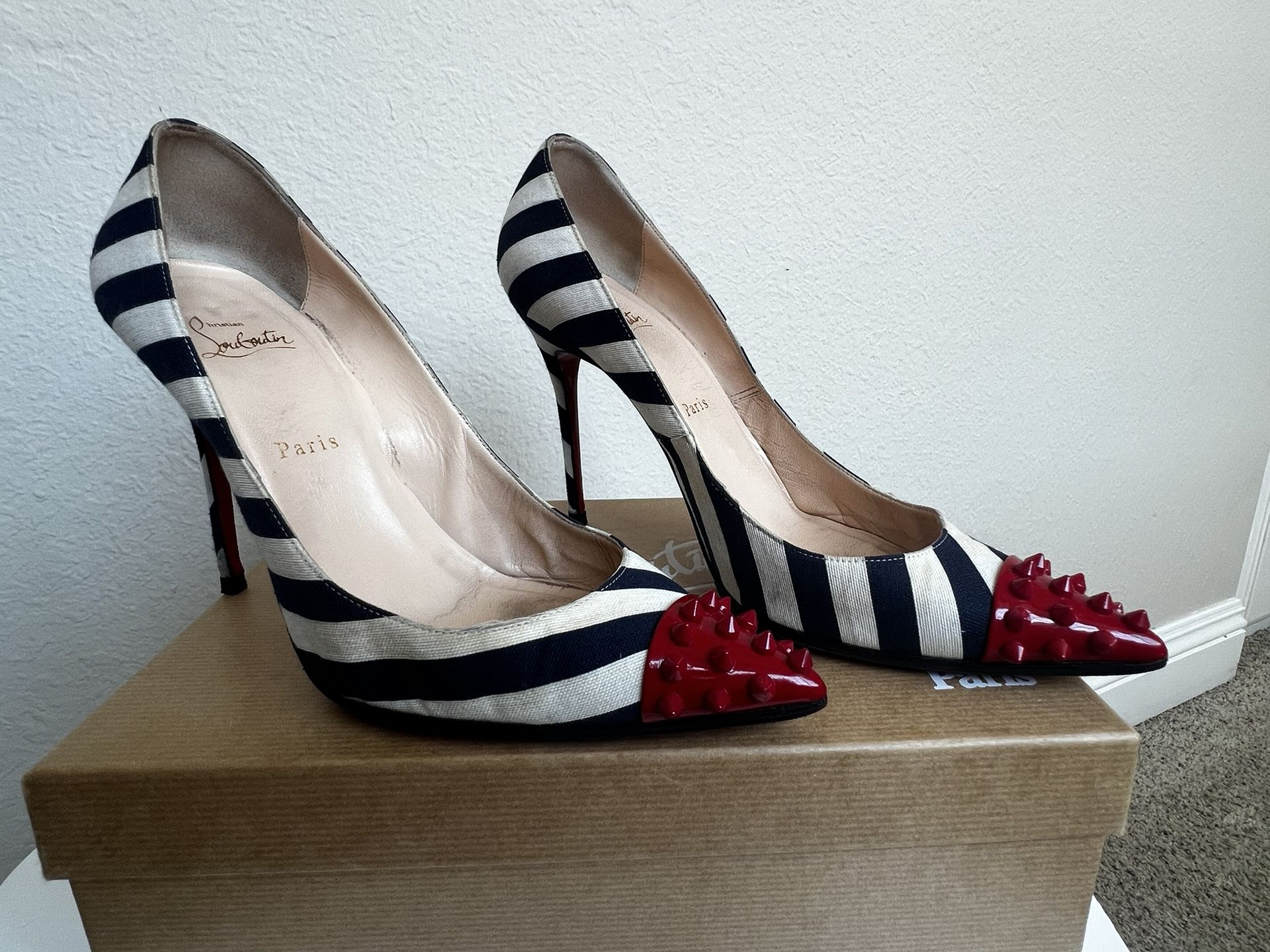 Rare Christian Louboutin Geo Pump- Navy/White Striped With Red Spiked Toe - Size 39.5
