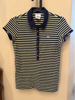 Lacoste Women Navy Yellow Striped Polo Short Sleeve Shirt Size 40 (Large)