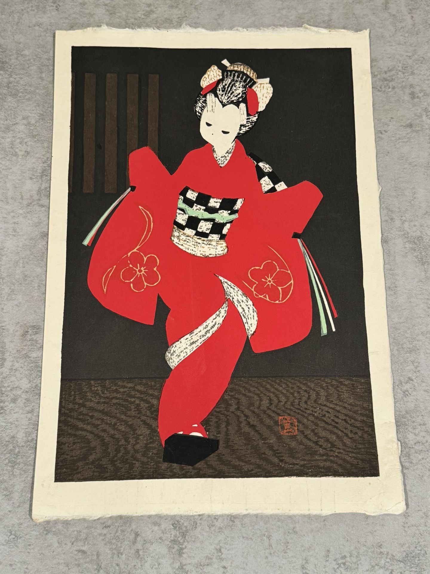 c1950 Modernist Japanese Woodblock Print "Red Kimono" by Kaoru Kawano