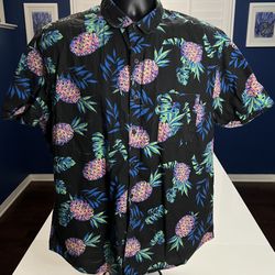 Arizona Black Pineapple Shirt Men’s Large Neon Tropical Fruit Print Button Up
