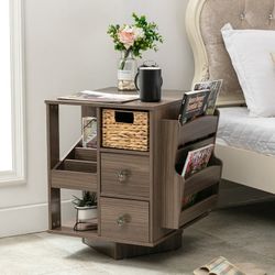 Gitua Rotating End Table, Modern Farmhouse Table with Magazine Rack and Drawers, Revolving Storage for Living Room Bedroom, Sofa Side Nightstand Open 