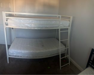 White Metal Bunk Bed with Mattresses