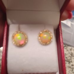 14k Solid Gold Opal & Diamond Earrings
