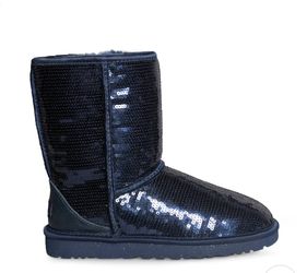 UGG Women ’s Blue Sequin , UGG CLASSIC SHORT SPARKLES MIDNIGHT BOOTS - WOMEN'S