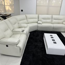 Reclining Genuine  Leather Sectional Sofa, Couch  - Off white /Beige