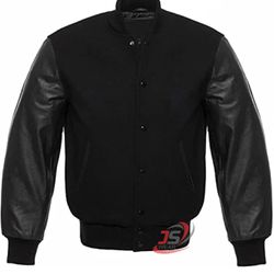 Varsity Bomber Letterman Solid Black Wool & Real Cowhide Leather Sleeves Jackets