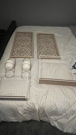2 Wooden Decor Plant Holders And 2 Shelves