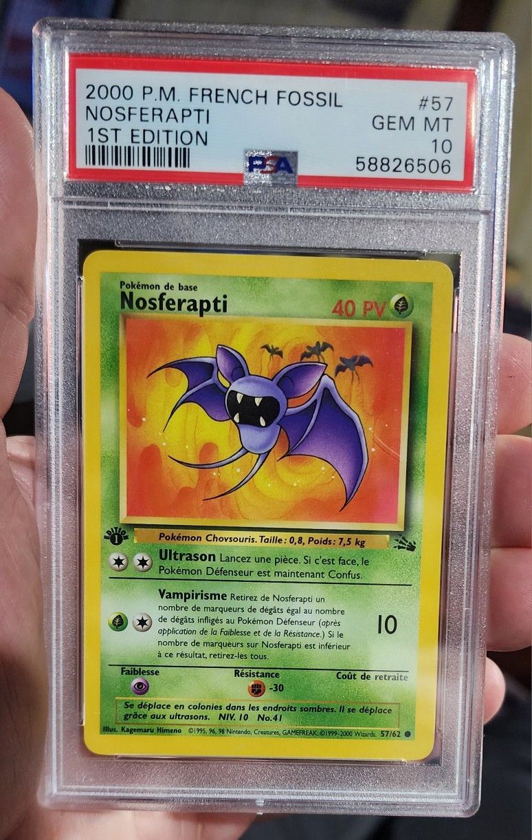 FS/NFT PSA 10 2000 POKEMON FRENCH FOSSIL NOSFERAPTI 1ST EDITION BASE II #57 LOW POP OF 5