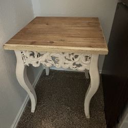 Distressed White Carved End Table