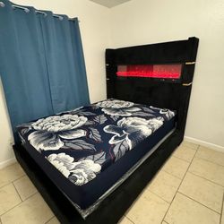 Queen Bed Frame With Fireplace And Bluetooth Speaker Including Mattress 