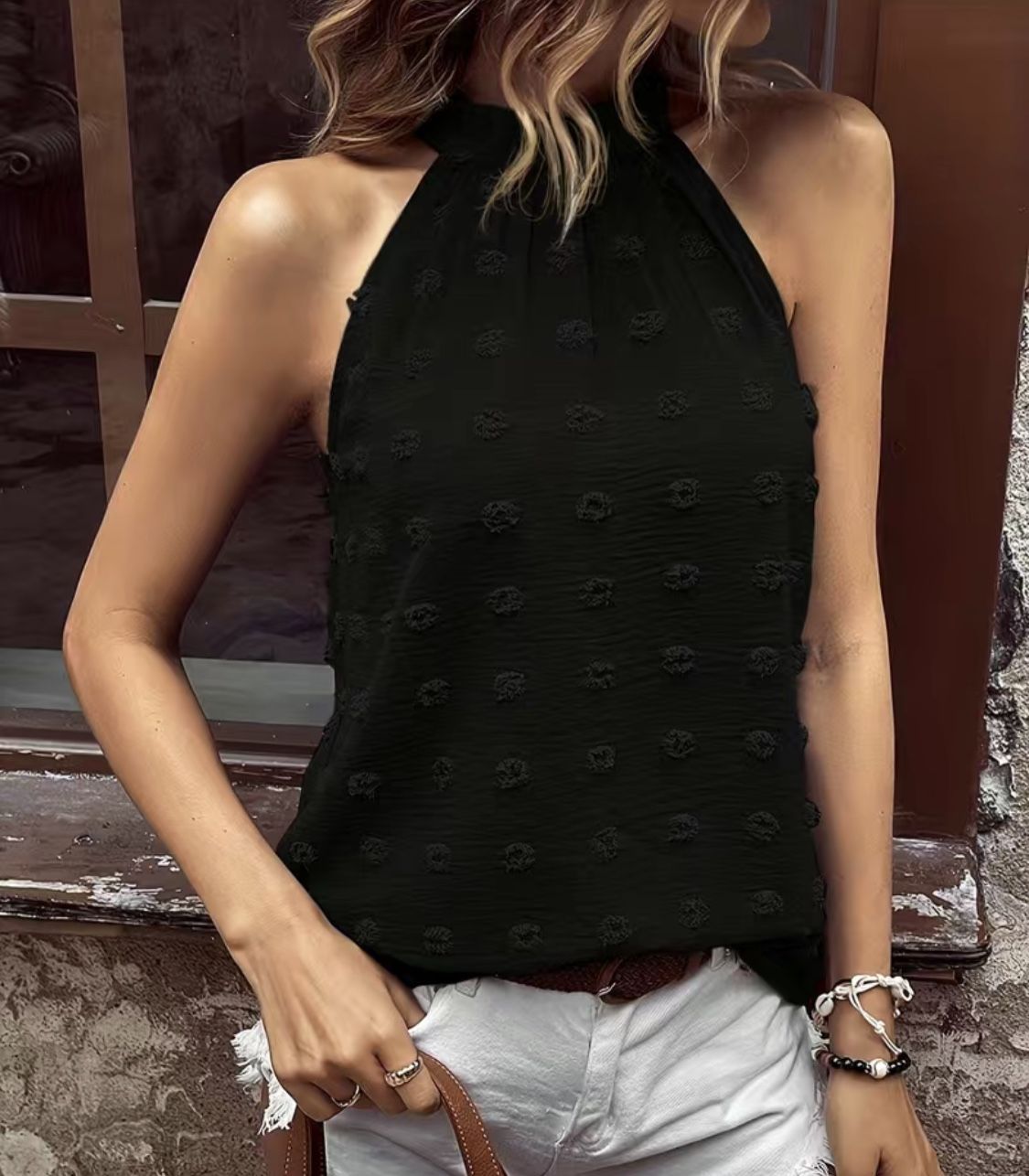 Black Swiss Dot Halter Top