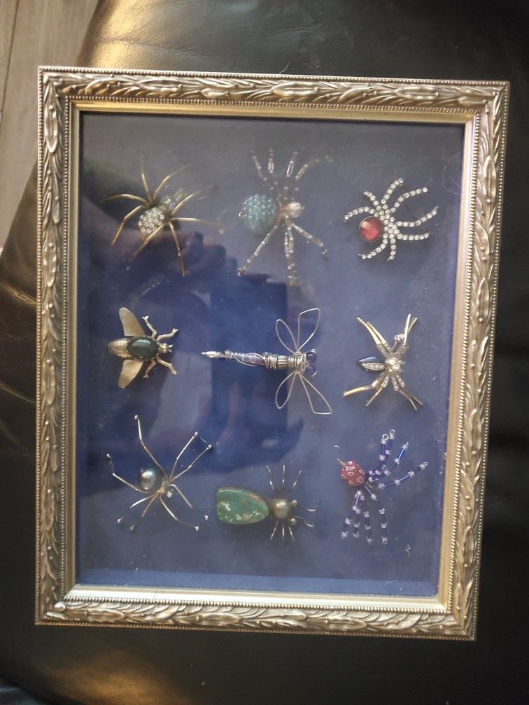 Glass Framed Box Full Of Brooches One Is Sterling Turquoise