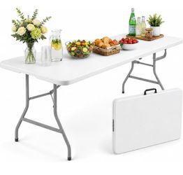 6FT Folding Table White, Portable Fold-in-Half Plastic Table with Carrying Handle, Heavy Duty Indoor Outdoor Dining Picnic Camping Party Table, NEW!