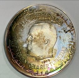 1969 Tunisia Large Silver Proof Hannibal 1 Dinar- Unbelievable Toning